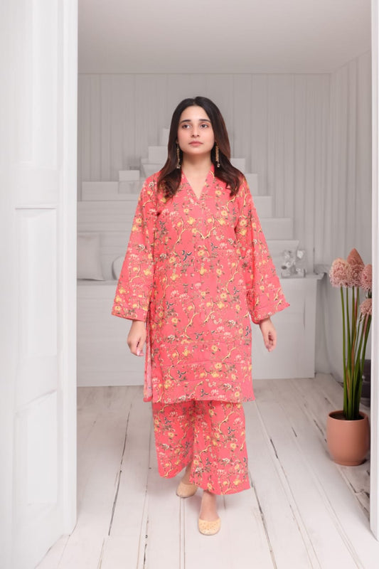 2Pcs Maple Pink Unstitched | Cotton Suit with Flower Trails Printed for Unique Dressing and Functions